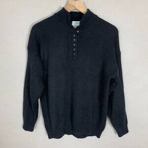 Vintage Sweater Black Buttoned Neckline Mock Neck Men Acrylic Retro Knit Classic
